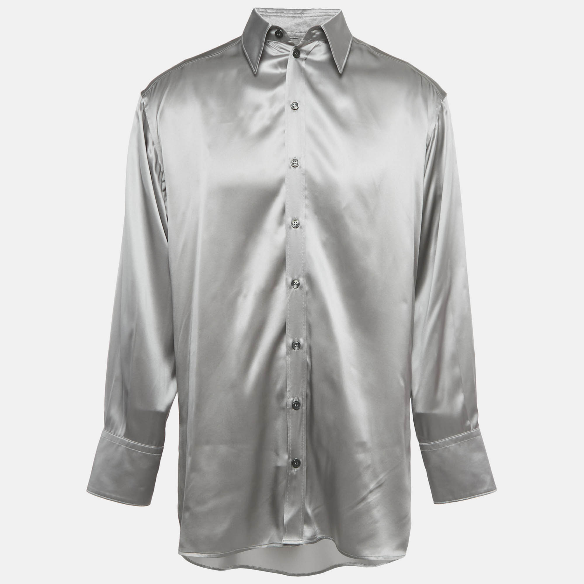 

Dolce & Gabbana Metallic Grey Satin Silk Button Front Long Shirt M