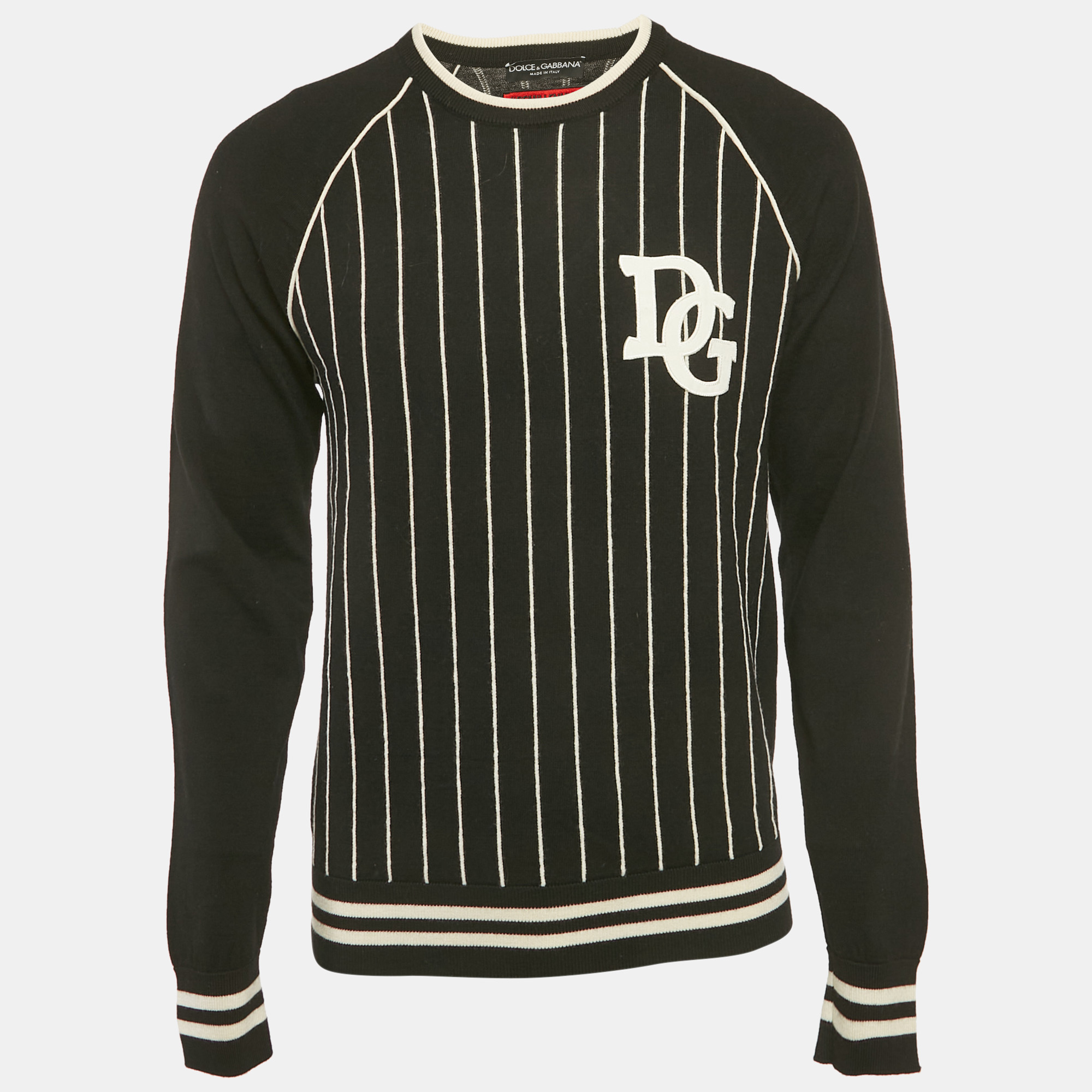 

Dolce & Gabbana Black and White Striped Wool Knit The King Patch Detail Sweater M