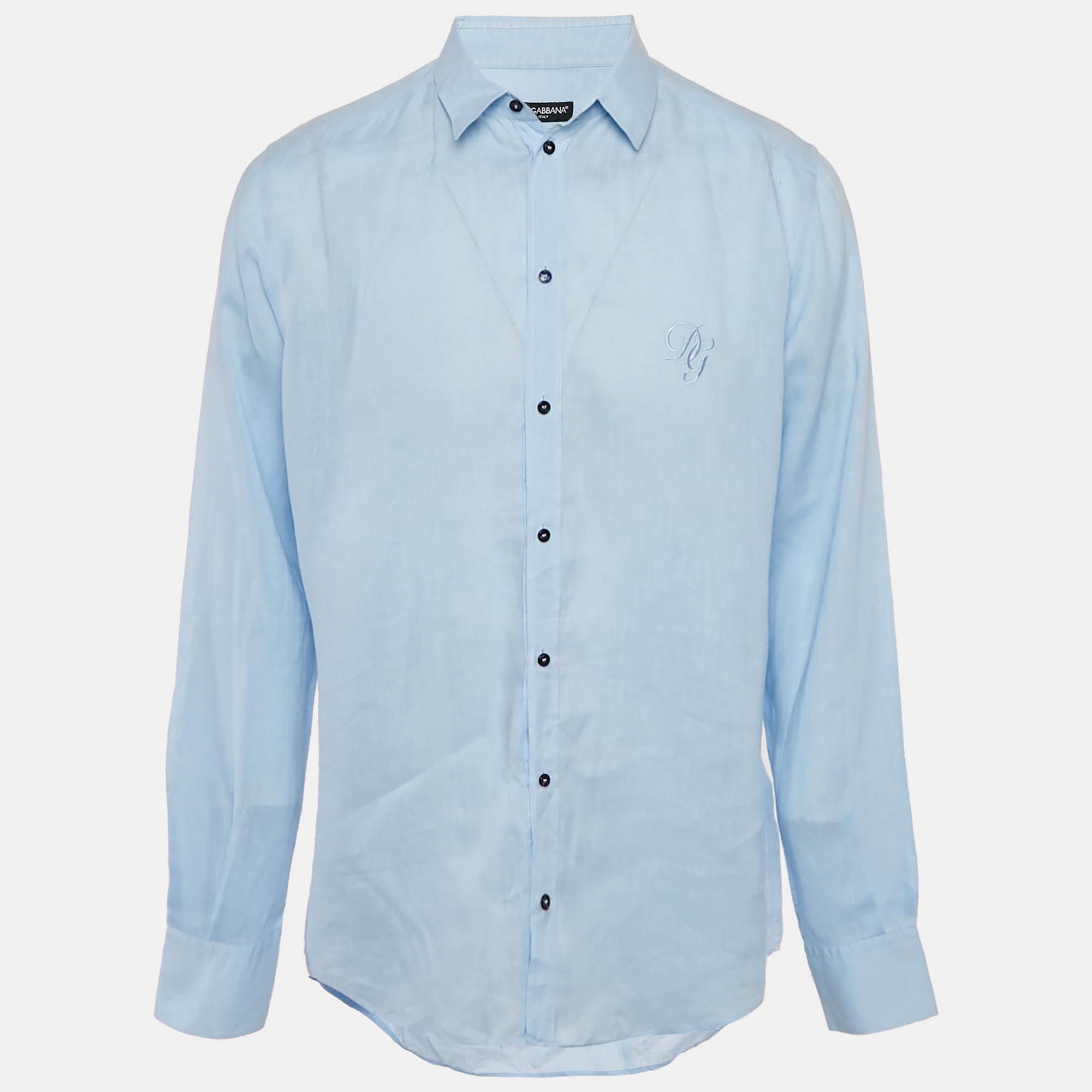 

Dolce & Gabbana Blue Linen Logo Embroidered Shirt XXL