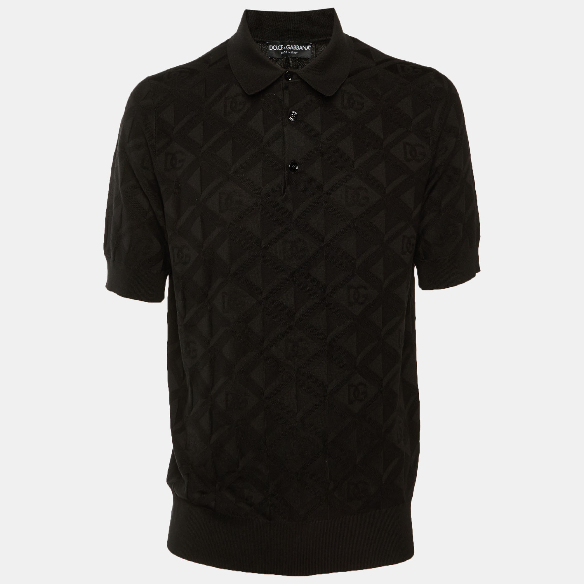 

Dolce & Gabbana Black DG Geometric Pattern Silk Knit Polo T-Shirt M