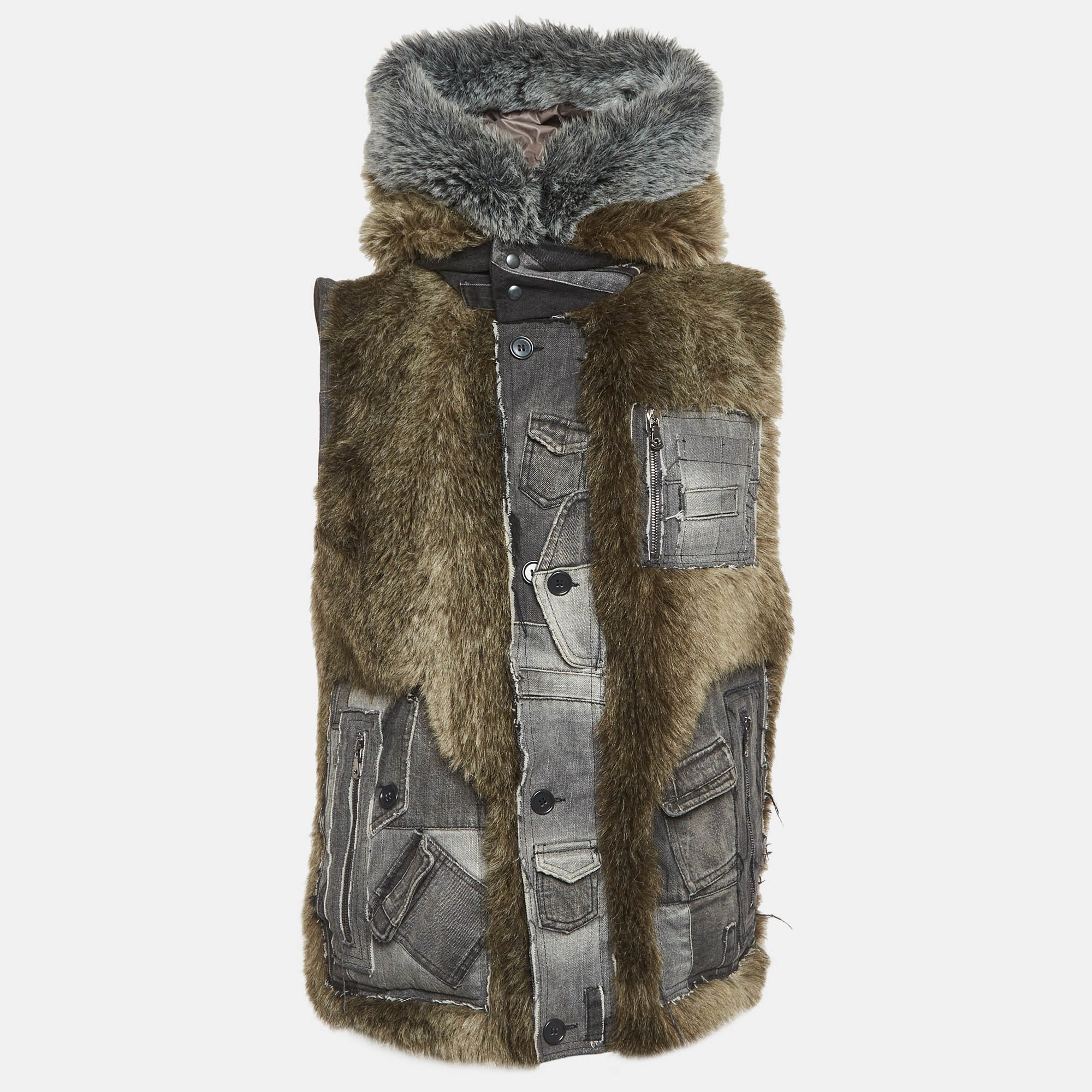 Pre-owned Dolce & Gabbana Grey Fur Trim Denim Vest M In Gray