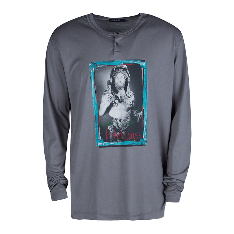 Pre Owned Dolce and Gabbana Grey Cotton Hercules Print Distressed Long Sleeve T-Shirt