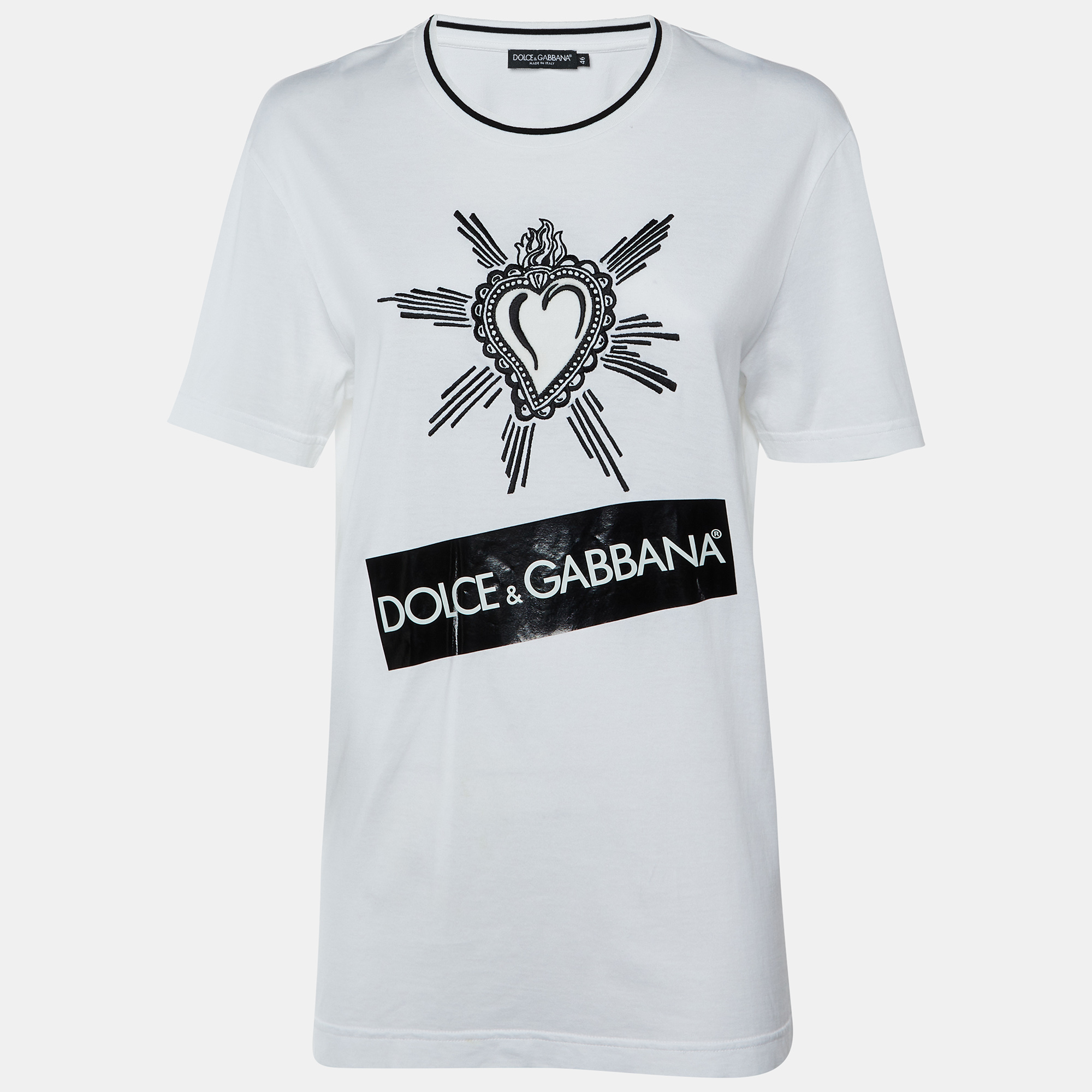 

Dolce & Gabbana White Cotton Heart Embroidered Crew Neck T-Shirt S