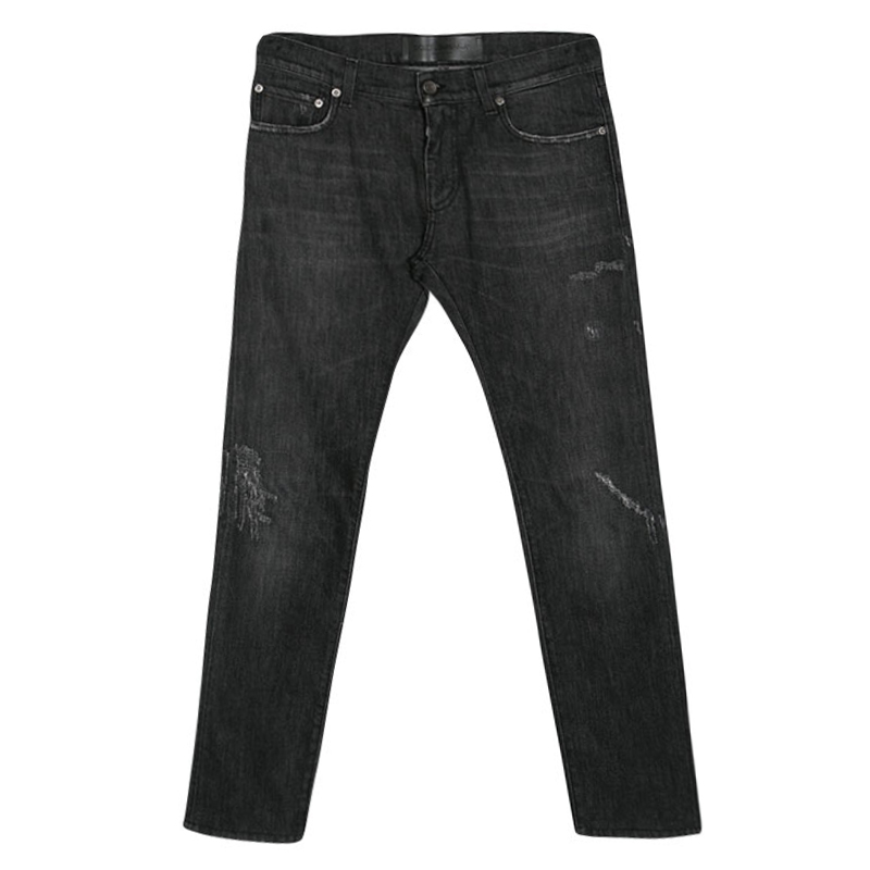 Pre Owned Dolce and Gabbana Dark Grey Faded Effect Denim Distressed Jeans M