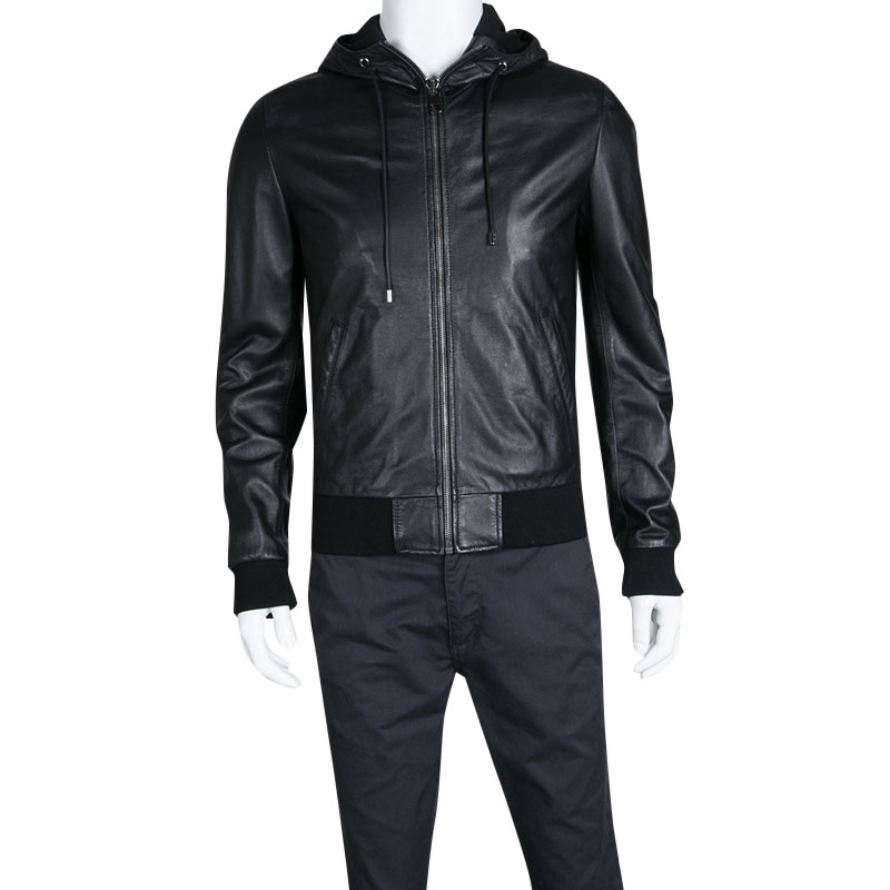 

Dolce and Gabbana Black Lamb Leather Hooded Zip Front Bomber Jacket