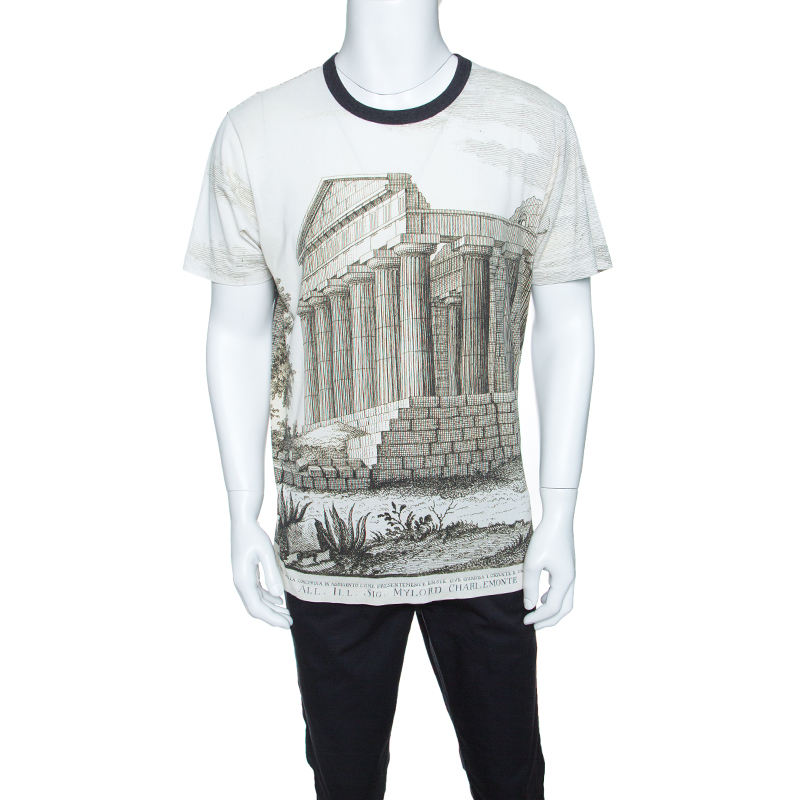Dolce and Gabbana Beige Parthenon Temple Print Short Sleeve T-Shirt M