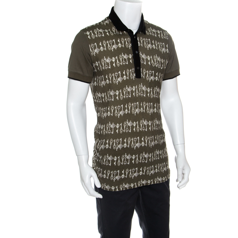 

Dolce and Gabbana Green Medieval Key Printed Honeycomb Knit Polo T- Shirt