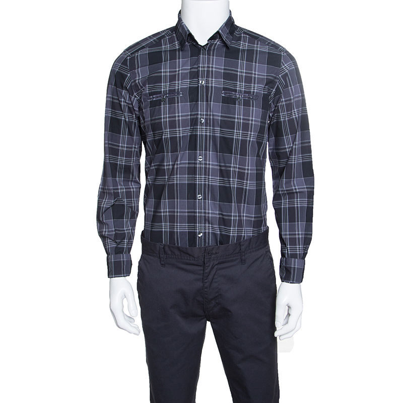 Pre Owned Dolce & Gabbana Gold Grey Checked Cotton Long Sleeve Button Front Shirt L