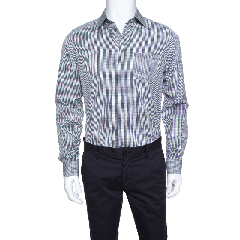 مملوكة مسبقًا قميص دولتشي أند غابانا أكمام طويلة قطن كاروهات غنغهام رمادي ذهبي L