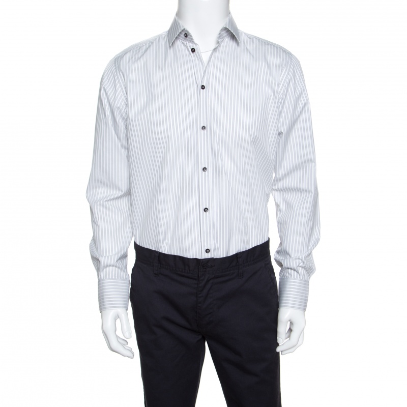 مملوكة مسبقًا قميص دولتشي أند غابانا أزرار أمامية قطن مخطط أبيض مارتيني M