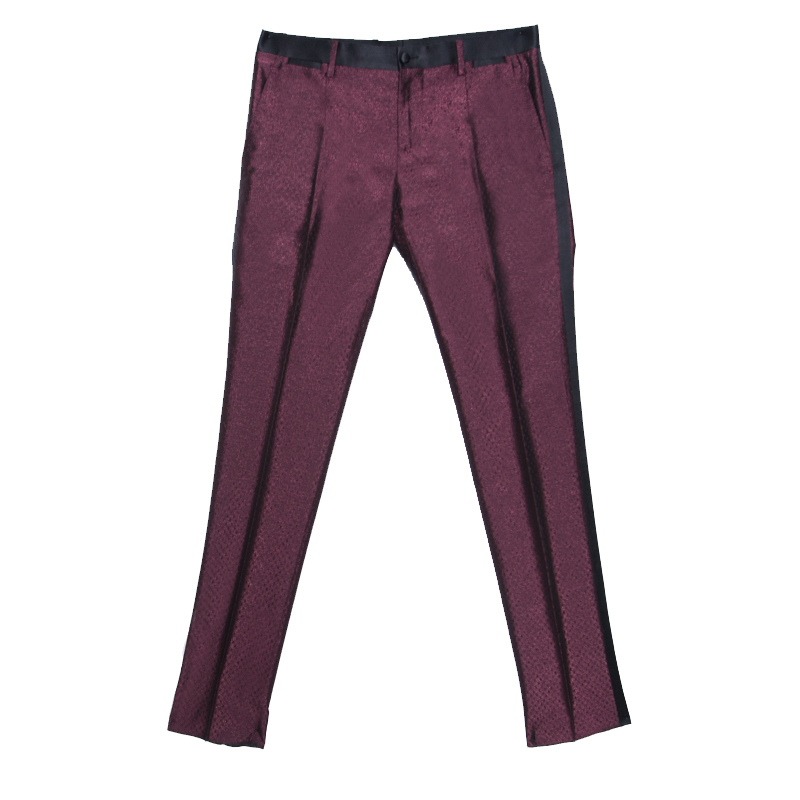 Pre Owned Dolce and Gabbana Burgundy Metallic Jacquard Satin Trim Tuxedo Trousers S