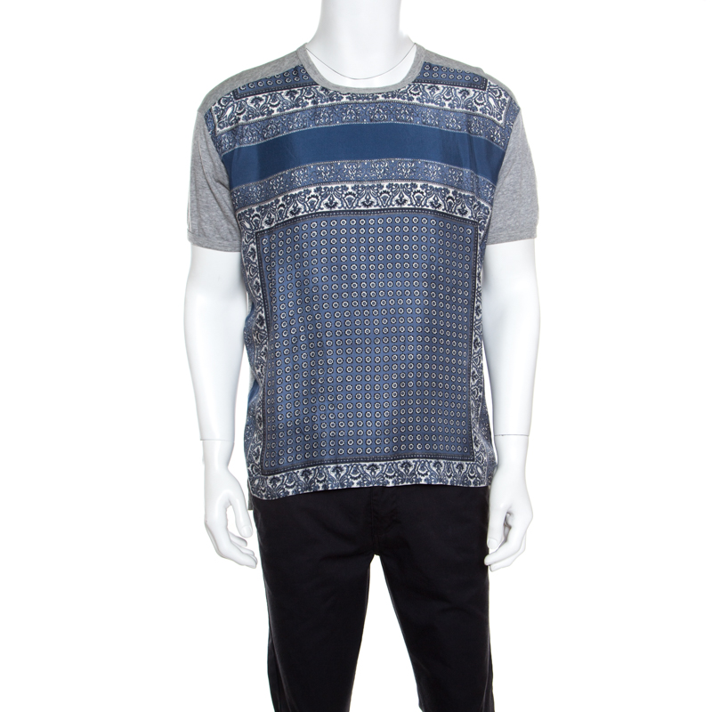 Pre Owned تي شيرت دولتشي آند غابانا حرير رصاصي وأزرق نمط بيزلي مطبوع L