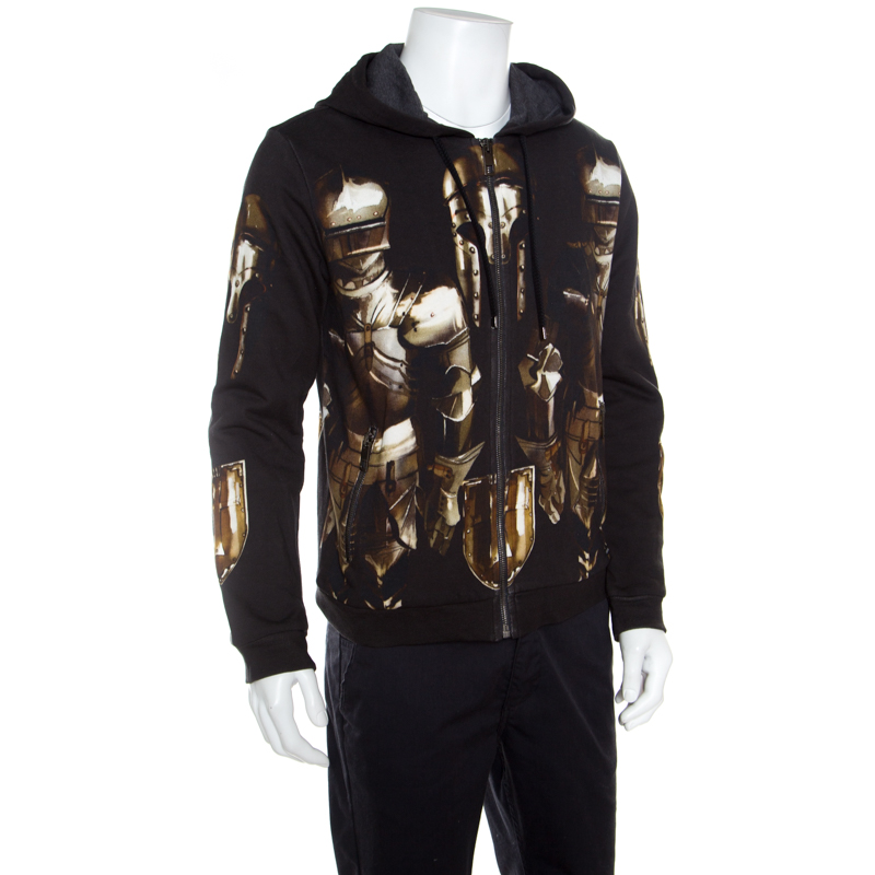 

Dolce and Gabbana Black Medieval Armor Print Zip Front Hooded Sweatshirt