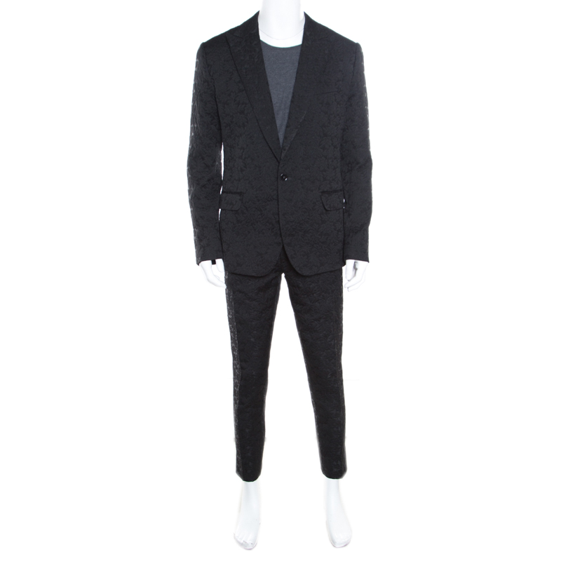 Dolce and Gabbana Black Floral Jacquard Sicilia Suit 2XL
