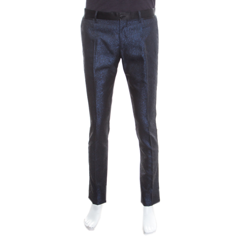 مملوكة مسبقًا Dolce and Gabbana Navy Blue Metallic Jacquard Satin Trim Trousers M