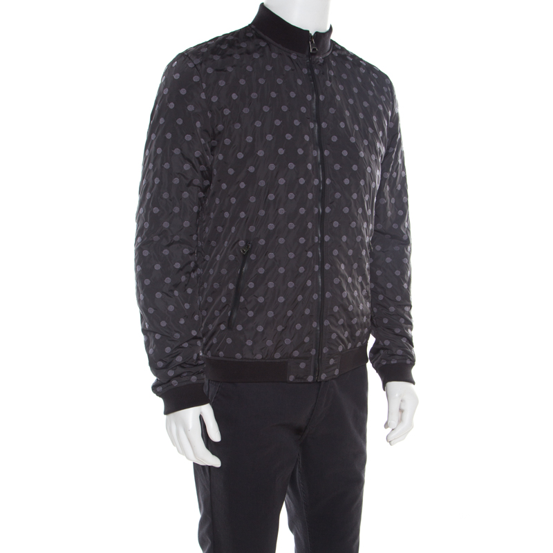 Pre-owned Dolce & Gabbana Black Polka Dot Embroidered Zip Front Bomber Jacket L
