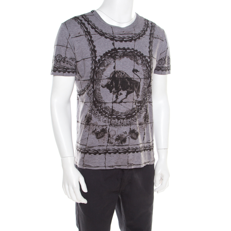 

Dolce and Gabbana Grey Cotton Jersey Bull Print T-Shirt