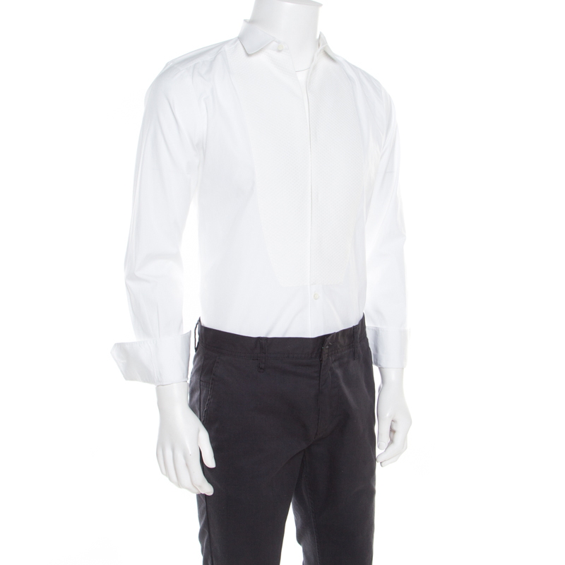 

Dolce & Gabbana Gold Optic White Cotton Textured Bib Detail Tuxedo Shirt