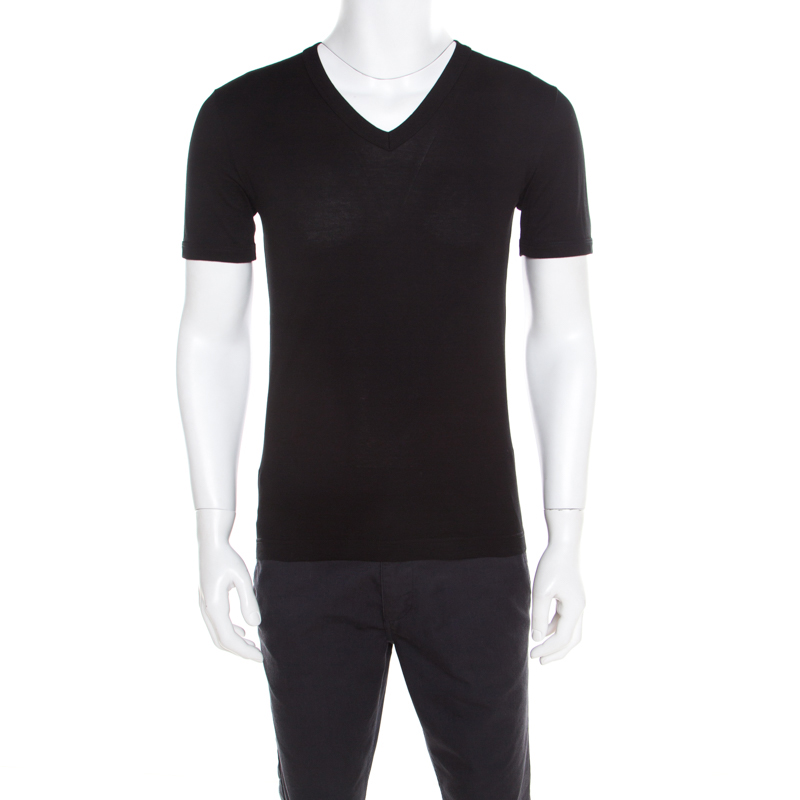 مملوكة مسبقًا Dolce and Gabbana Black Cotton Stretch Knit V Neck T -Shirt XS