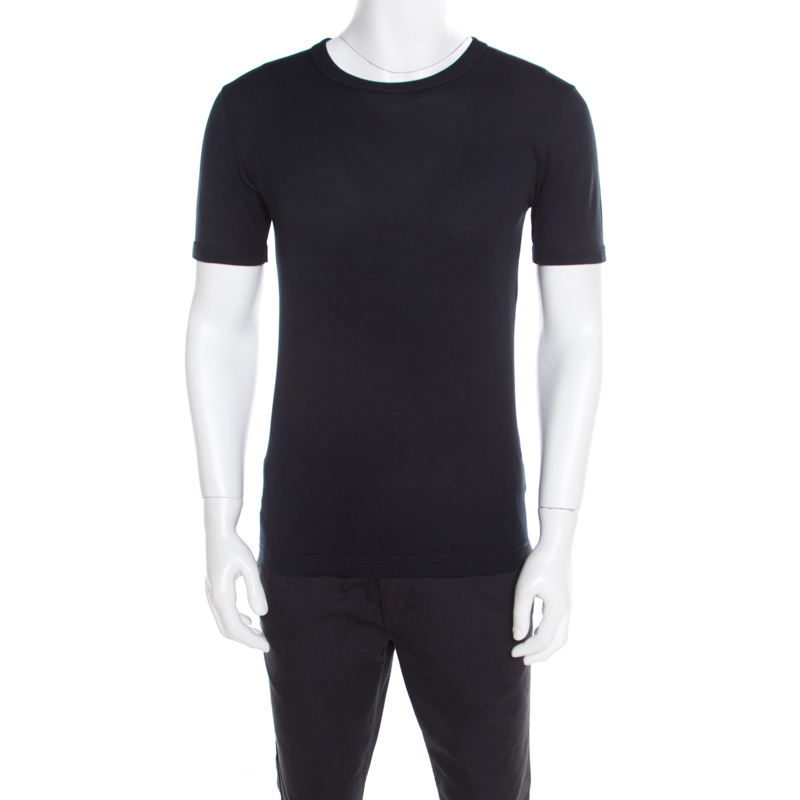 Pre Owned Dolce & Gabbana Navy Blue Rib Knit Cotton Crew Neck T-Shirt XS