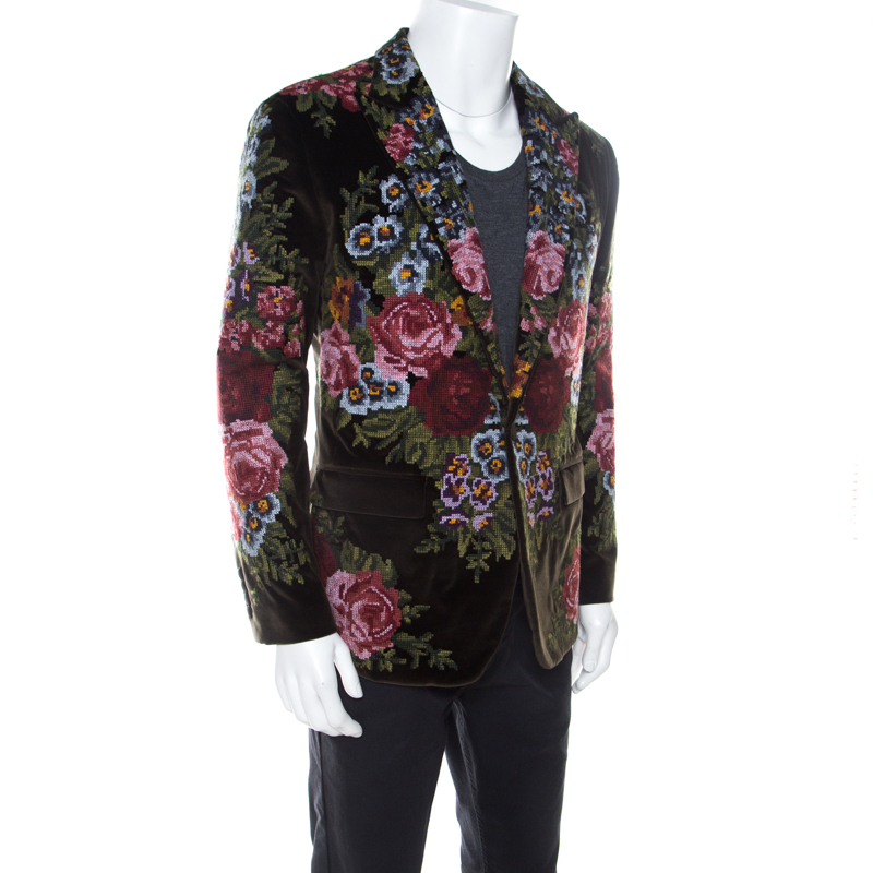 

Dolce and Gabbana Dark Green Floral Embroidered Velvet Single Button Blazer