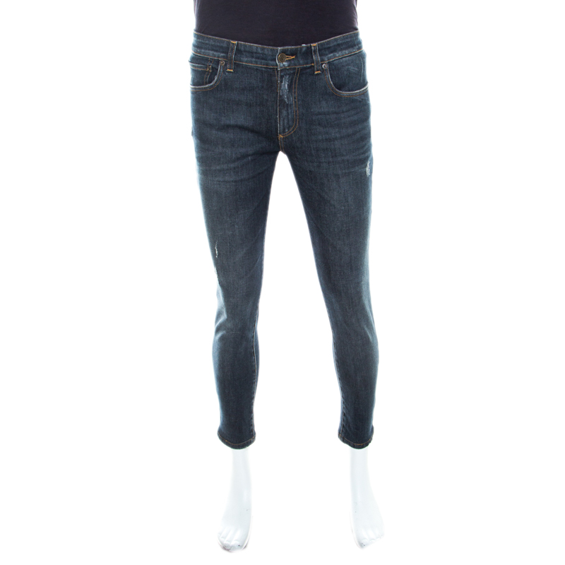 Pre Owned Dolce and Gabbana 16 Stretch Indigo Faded Effect Denim Distressed Skinny Jeans S