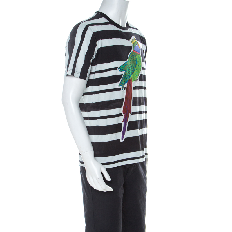 

Dolce and Gabbana Black Paint Striped Cotton Parrot Applique T Shirt