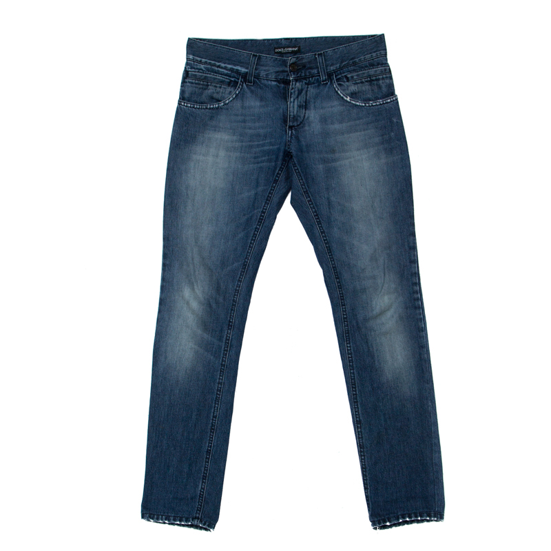 Dolce And Gabbana Blue Denim Medium Wash Distressed Pocket Detail Regular Fit Jeans S