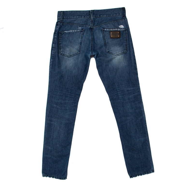 

Dolce And Gabbana Blue Denim Medium Wash Distressed Pocket Detail Regular Fit Jeans