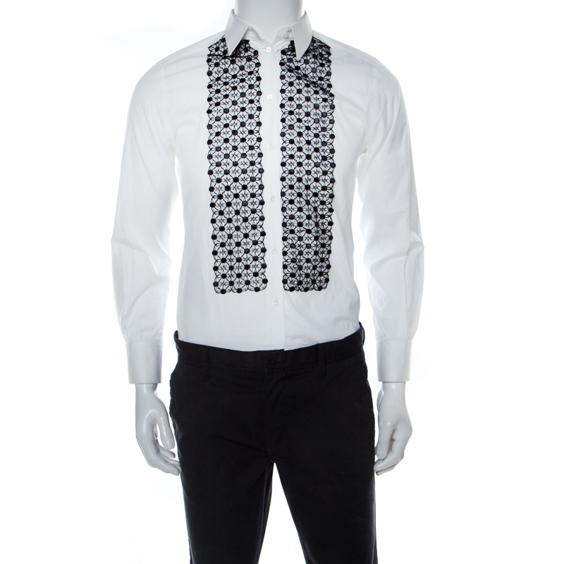 Pre Owned Dolce & Gabbana White Cotton Contrast Lace Panel Detail Long Sleeve Shirt M