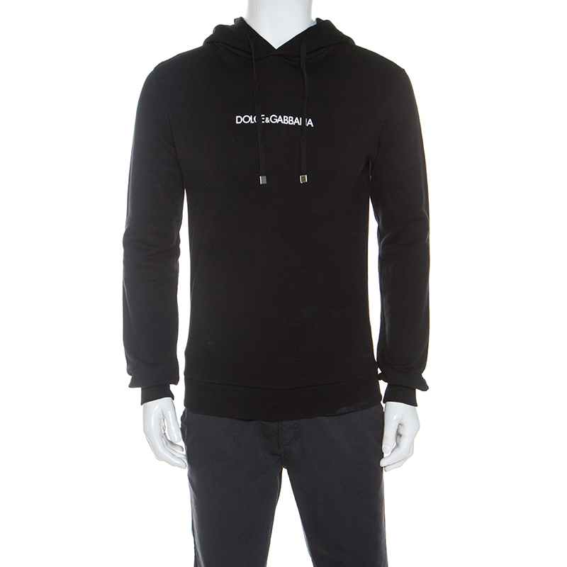 Pre Owned Dolce and Gabbana Black Logo Embroidered Cotton Hoodie XS