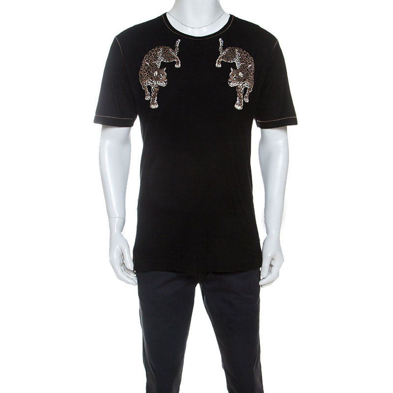Dolce and Gabbana Black Silk Blend Leopard Embroidery T-Shirt S