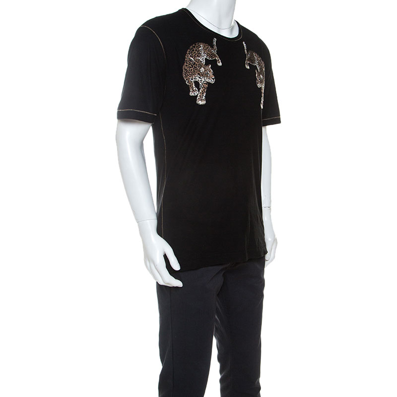 

Dolce and Gabbana Black Silk Blend Leopard Embroidery T-Shirt