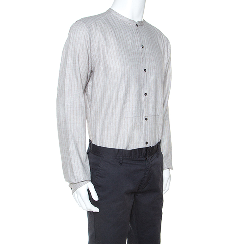 

Dolce and Gabbana Pale Grey Striped Linen Mandarin Collar Shirt