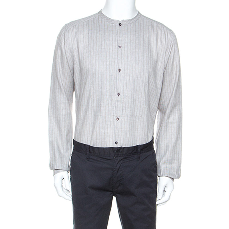 Pre Owned قميص دولتشي أند غابانا ياقة ماندرين كتان مخطط رمادي فاتح XL