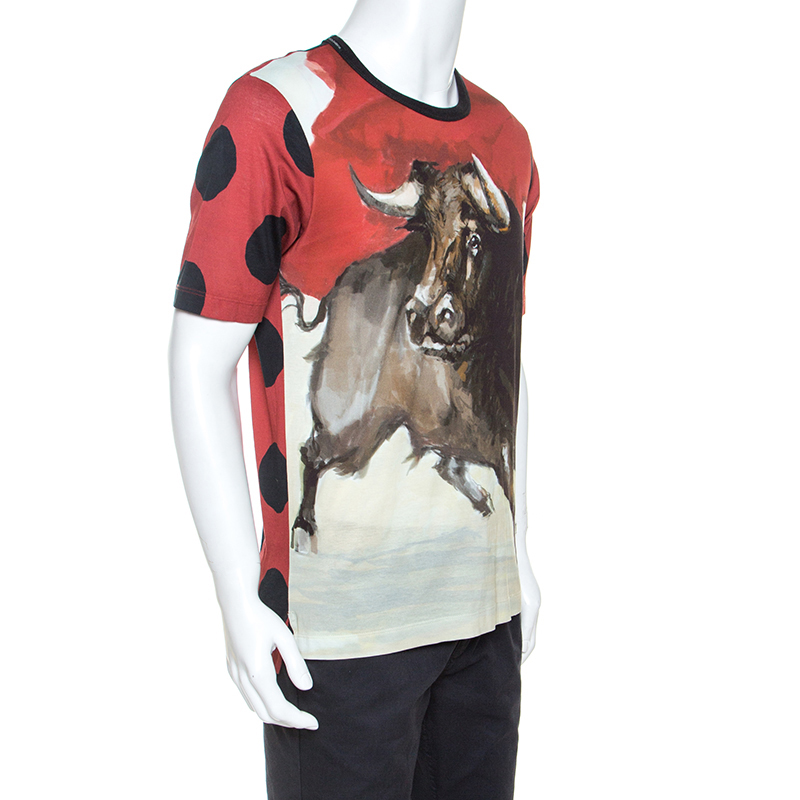 

Dolce and Gabbana Red Bull Print Cotton Crew Neck T-Shirt
