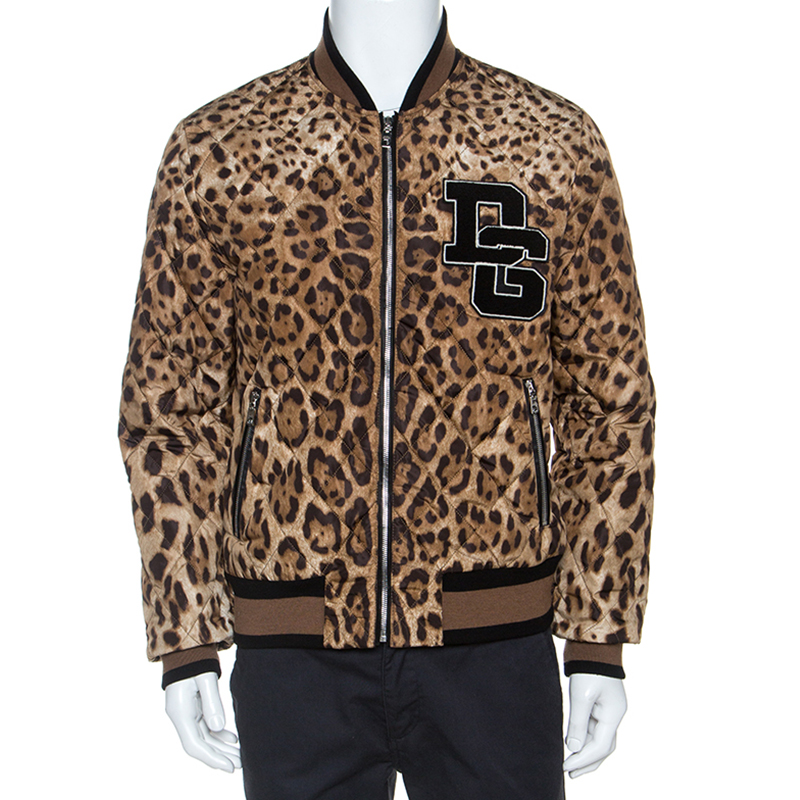 Pre-owned Dolce & Gabbana Brown Leopard Print Quilted Bomber Jacket L