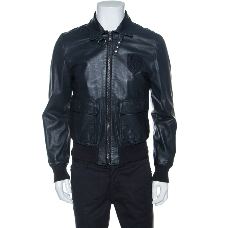 Pre-owned Dolce & Gabbana Charcoal Grey Leather Crest Detail Jacket M