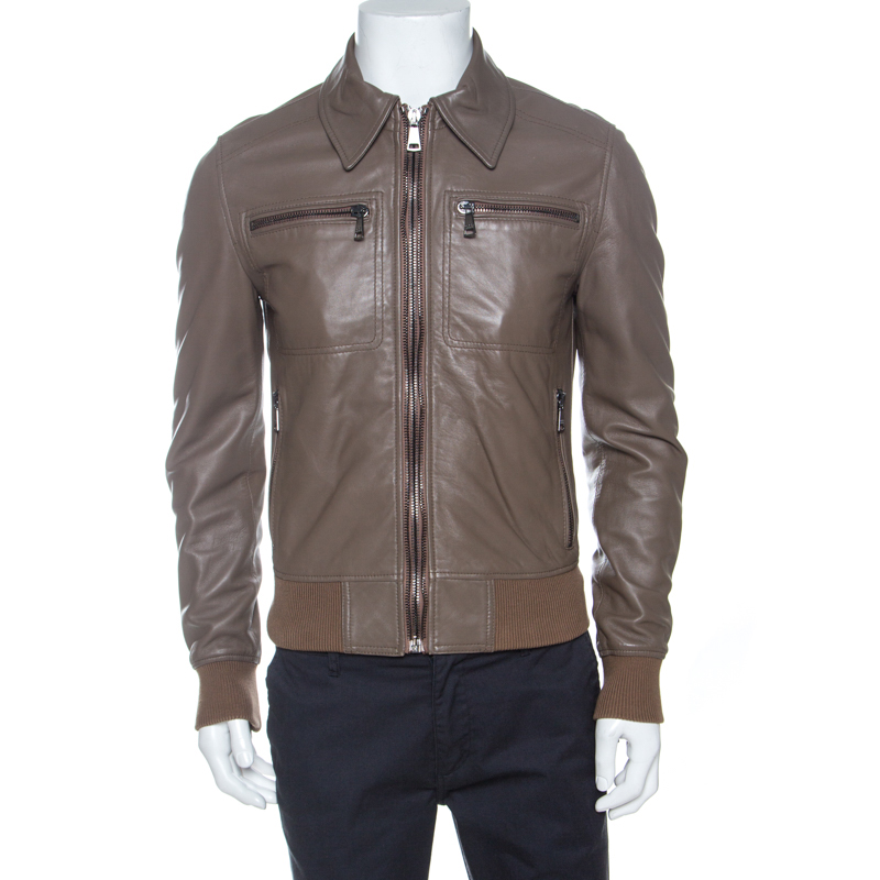 Pre-owned Dolce & Gabbana Brown Leather Zip Front Bomber Jacket M