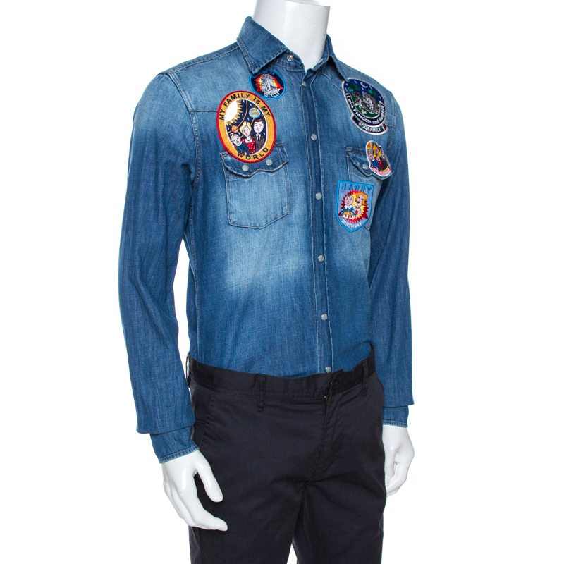 

Dolce & Gabbana Gold Indigo Denim Customised Patch Shirt, Blue