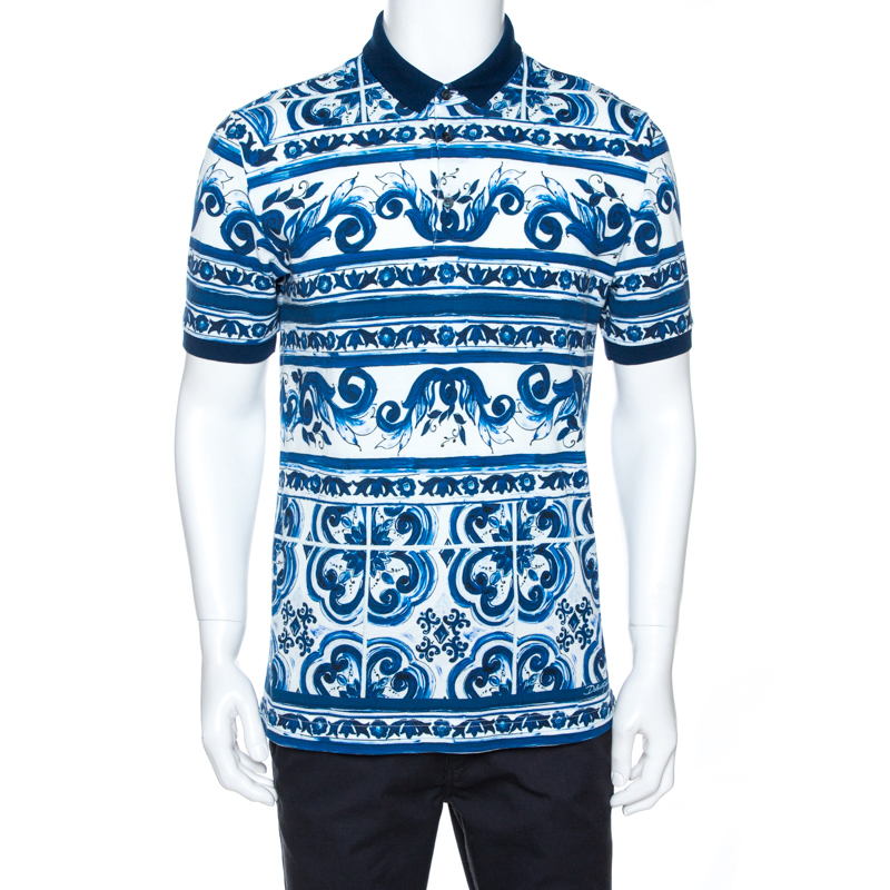 Pre-owned Dolce & Gabbana Blue Majolica Print Cotton Polo T-shirt M