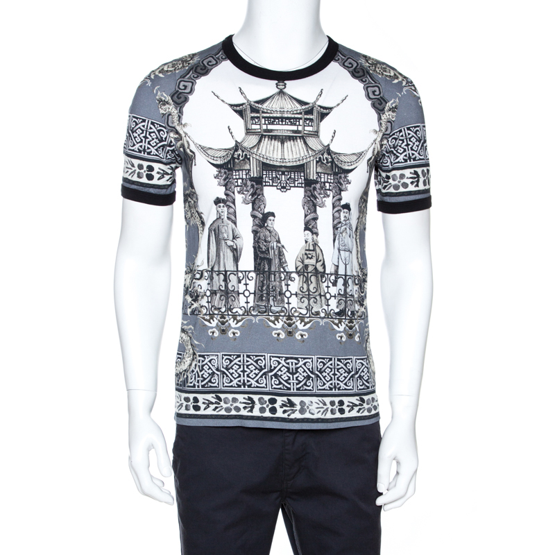 Dolce & Gabbana Grey Chinese Temple Print Cotton T-Shirt M