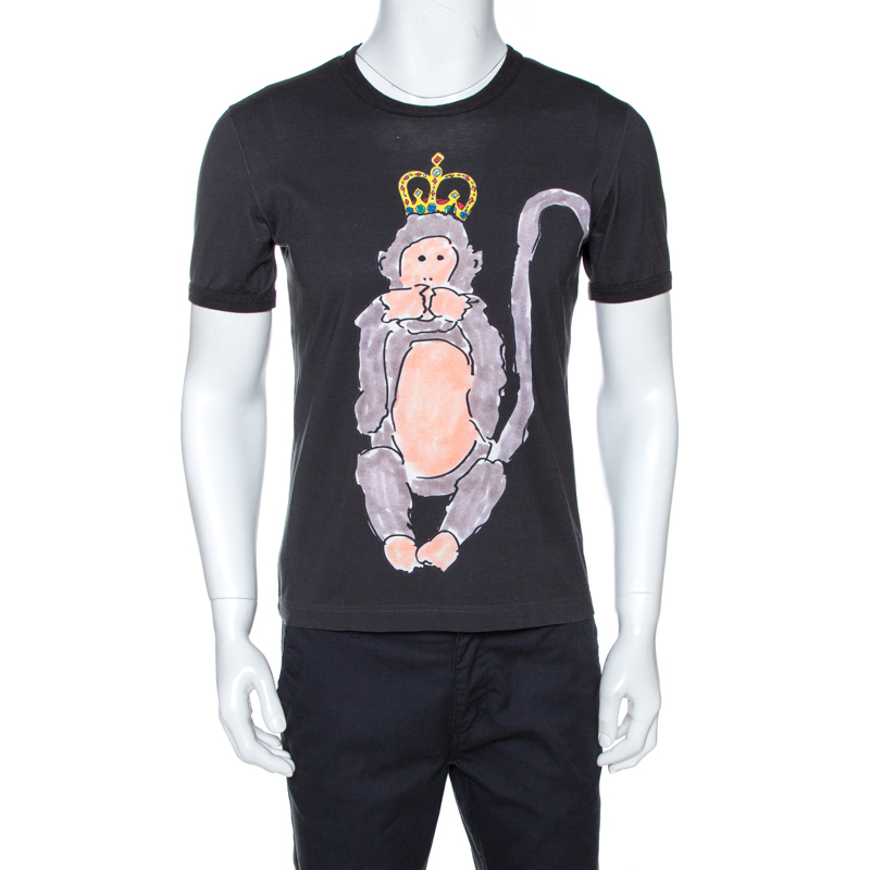 Pre-owned Dolce & Gabbana Dark Grey Wise Monkey Print Cotton T-shirt M