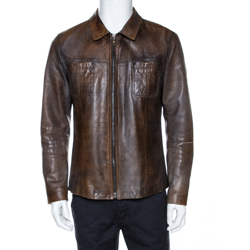 Pre-owned Dolce & Gabbana Brown Burnished Leather Jacket Xl