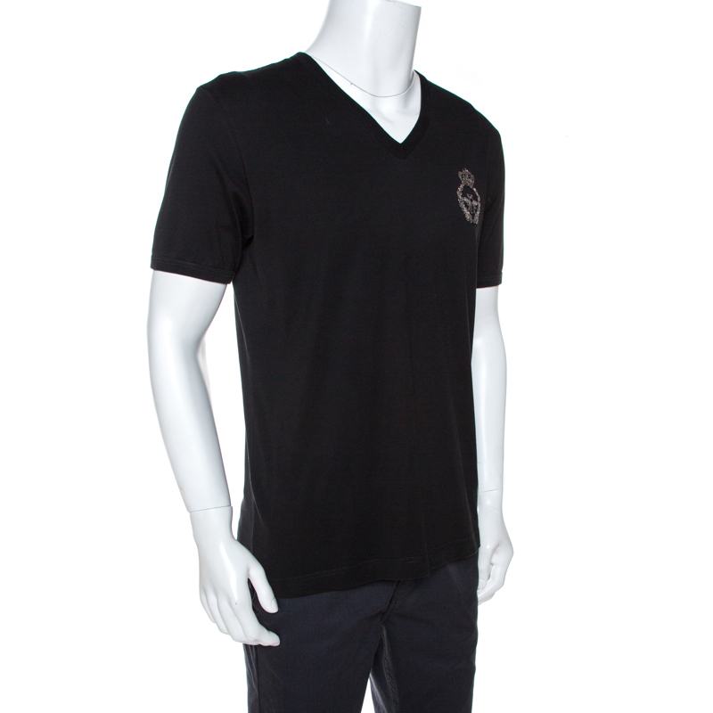 

Dolce & Gabbana Black Cotton Crown & Bee Embroidered T-Shirt