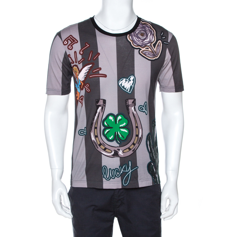 Pre Owned Dolce & Gabbana Grey Striped Print Cotton Crew Neck T-Shirt M