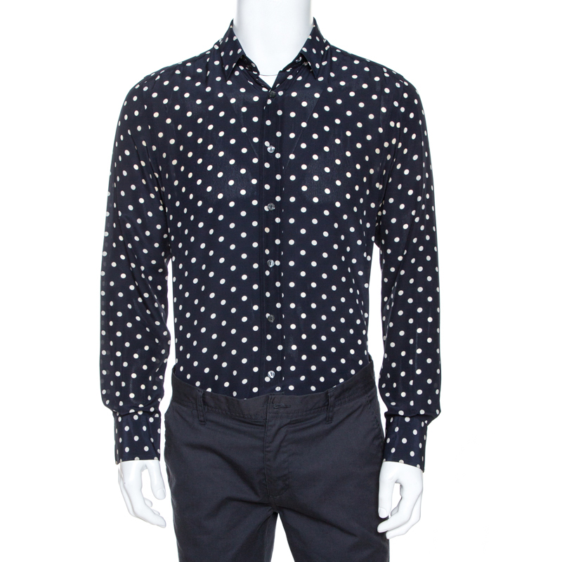 Dolce & Gabbana Navy Blue Polka Dot Silk Long Sleeve Shirt M