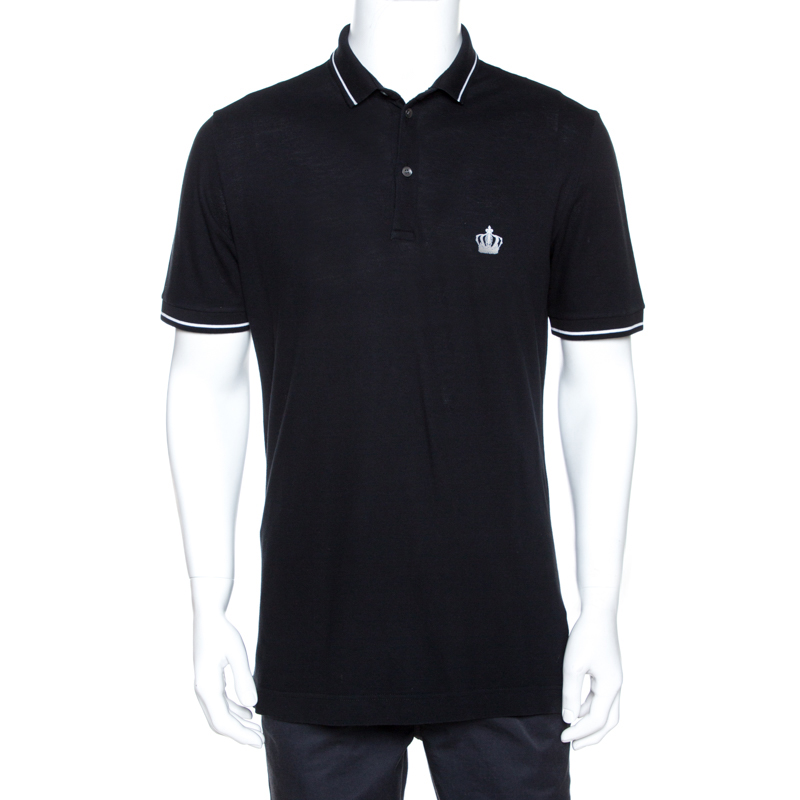 Pre-owned Dolce & Gabbana Black Crown Embroidered Cotton Polo T-shirt L