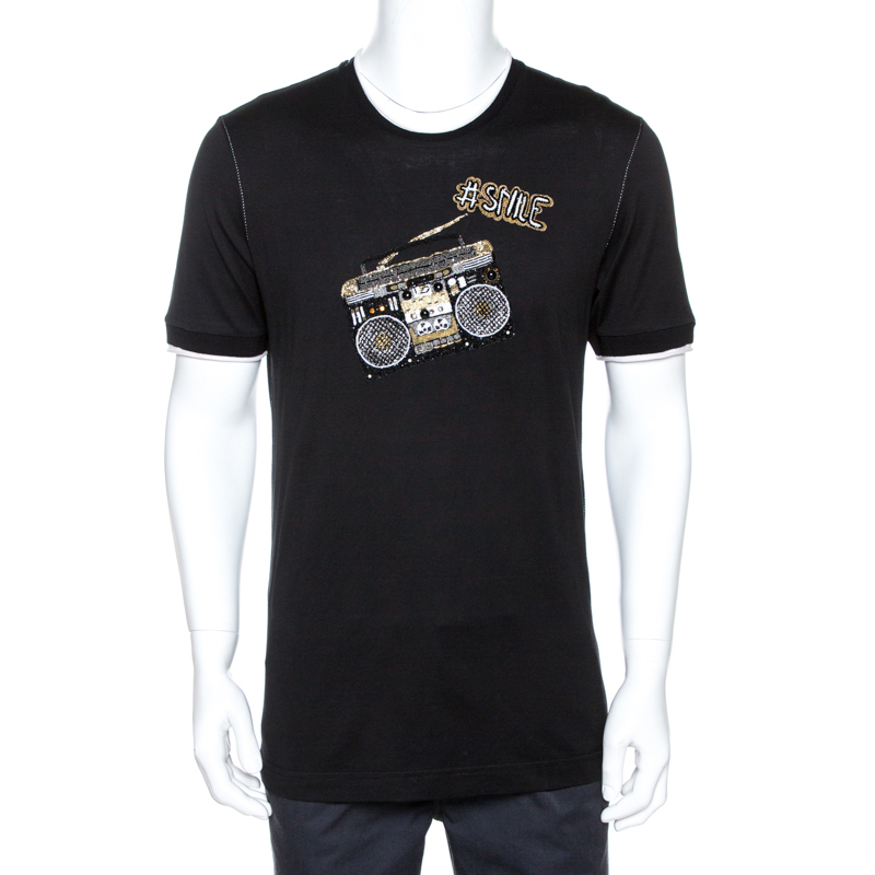 Pre-owned Dolce & Gabbana Black Smile Embellished Cotton T-shirt Xl