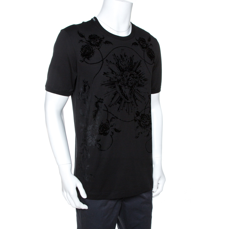

Dolce & Gabbana Black Sacred Heart Flock Print Cotton T-Shirt